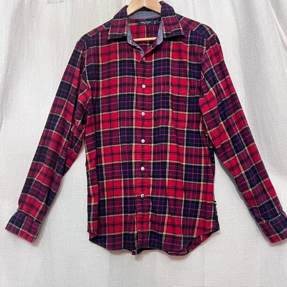 Nautica Mens Classic Red Navy Blue Plaid Cotton Flannel Button Down Shirt Large